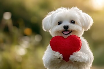 Promotion domestic animal visual idea. Cute maltese canine with critter toy red heart on a walk in a spring green space. Maltese - my treasured dog, symbol of friendship. Happy valentine's dog.