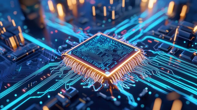 A quantum computer core, glowing neon circuits, holographic data streams flowing dynamically, deep blue and cyan light pulses, futuristic tech lab environment