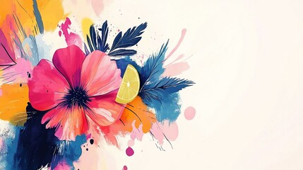 Vibrant floral arrangement with citrus, watercolor splash background; ideal for greeting cards