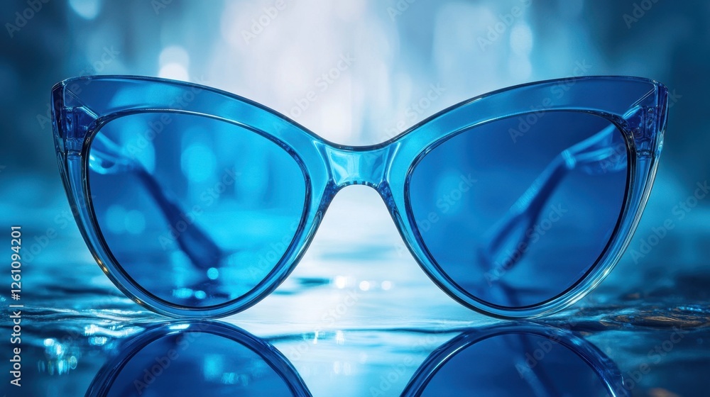 Poster sunglasses with a unique design rest elegantly on a reflective surface shimmering with blue hues and