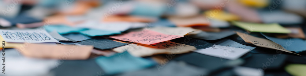 Poster collection of overlapping handwritten notes on a surface