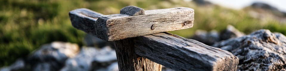 Fototapeta premium Close-up of Intersecting Weathered Wooden Beams Outdoors