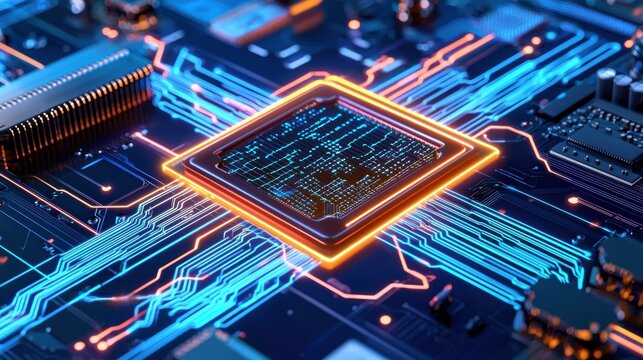 A quantum computer core, glowing neon circuits, holographic data streams flowing dynamically, deep blue and cyan light pulses, futuristic tech lab environment