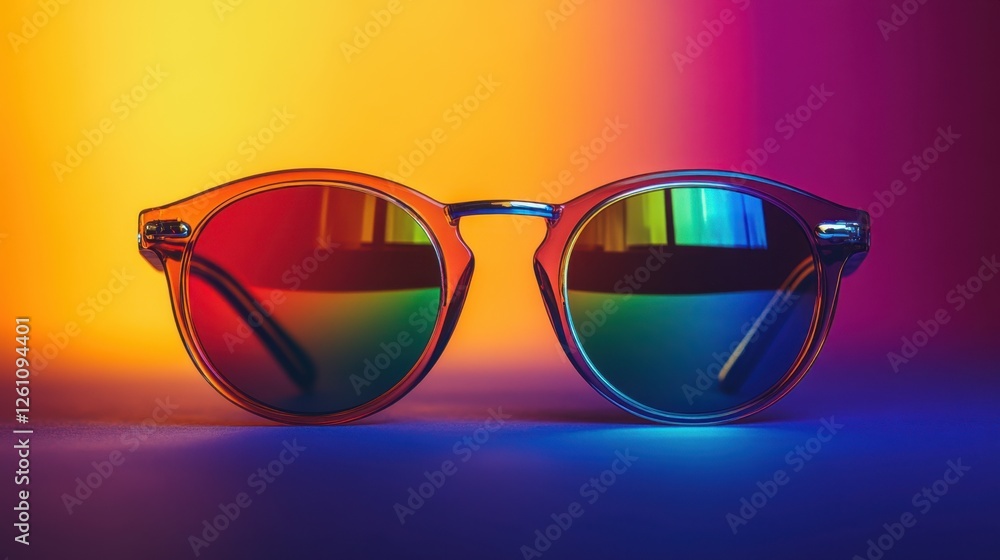 Poster colorful sunglasses resting on a smooth surface illuminated by vibrant light patterns in a creative 