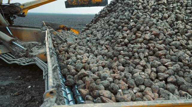 Loading harvested sugar beets onto a conveyor, A pile of freshly harvested sugar beets being loaded onto an industrial conveyor in a field.