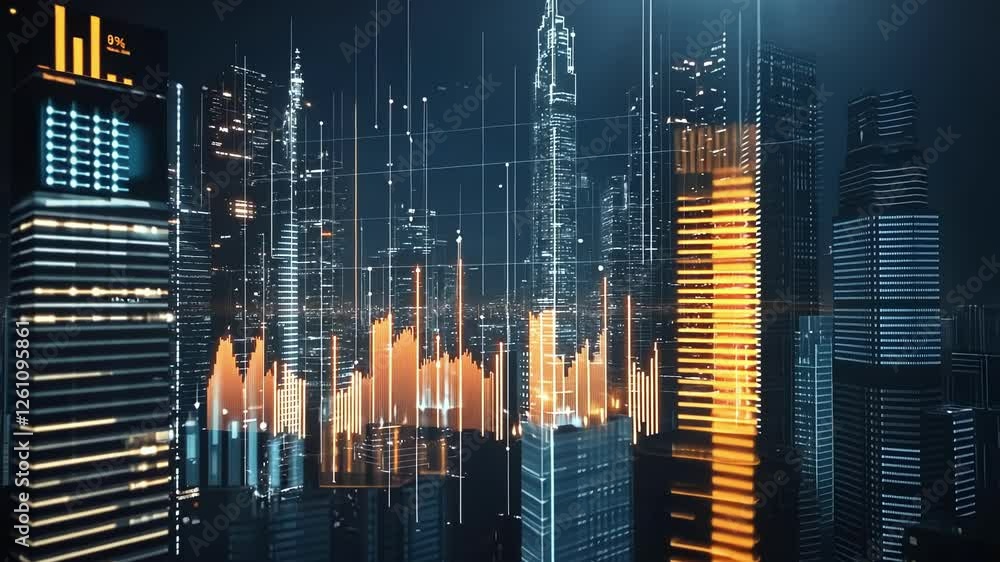 Poster holographic charts and graphs float amidst iconic buildings dynamically illustrating the correlation