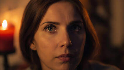 Fototapeta premium A close-up portrait of a woman with bright eyes, her face softly illuminated by candlelight, capturing a quiet, introspective mood.
