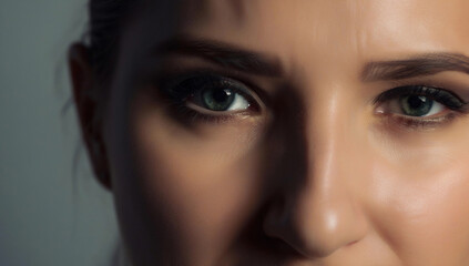 Fototapeta premium A close-up portrait of a woman with expressive eyes, her face half in shadow, conveying strength and mystery.