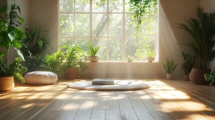 Bright Minimalist Interior with Abundant Plants, Natural Light, and Meditation Space, Inviting Serenity and Wellness into a Modern Home