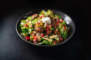 Delicious Taco Salad with Succulent Beef Patties and Sour Cream