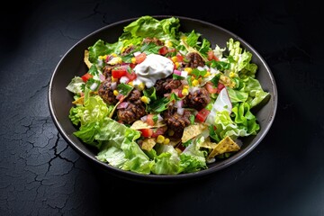 Satisfying Fresh Veggie Salad with Succulent Beef Patties and Crunchy Tortilla Strips