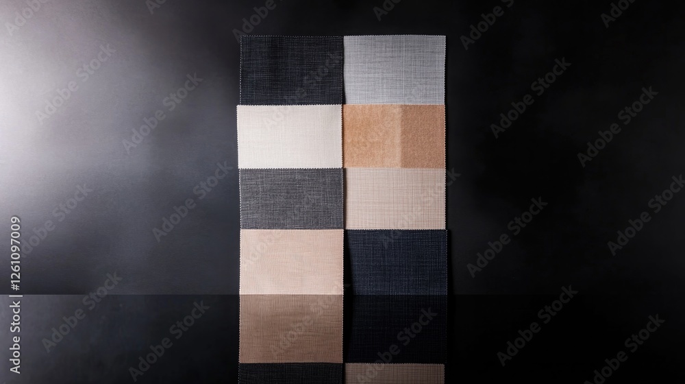 Poster creative flat lay of patchwork fabric squares arranged symmetrically on reflective black surface ill
