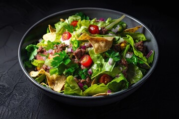 Layered Taco Salad with Cherry Tomatoes and Tortilla Strips