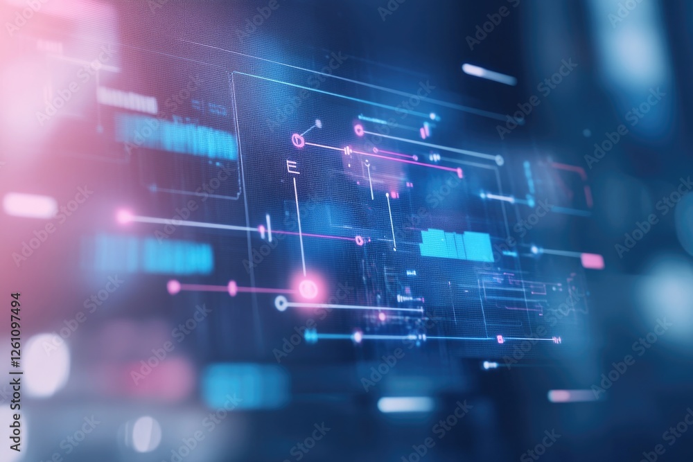 Poster creative stock photo of project management flowchart on digital screen surrounded by notes and graph