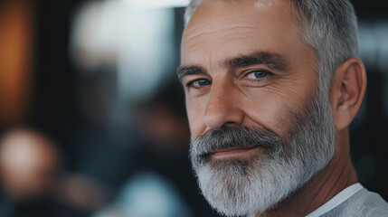 Senior man in a barber shop getting a modern haircut, stylish gray beard, looking into the mirror, classic and trendy vibe