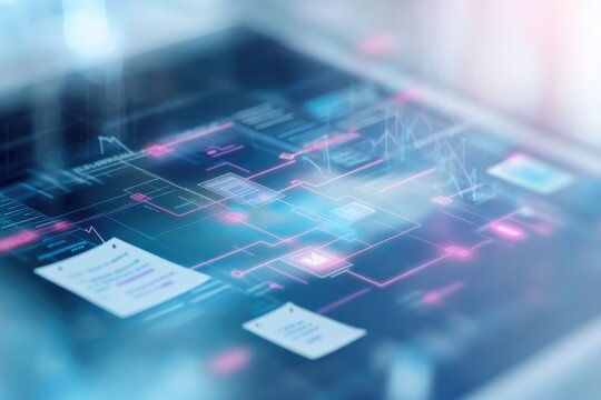 creative stock photo of project management flowchart on digital screen surrounded by notes and graphs with spacious