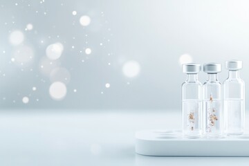 detailed close-up of glass syringes filled with herbal extracts placed on white sterile tray illuminated by bright