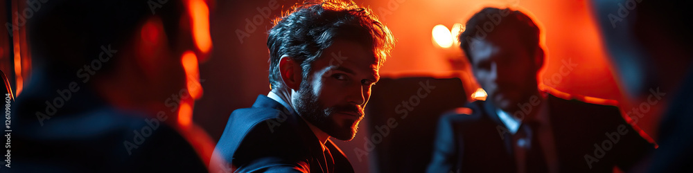 Poster close-up of man in suit with background figures in dimly lit setting
