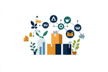 Supply chain diagram illustrating ethical sourcing with various icons. This graphic emphasizes sustainability and efficiency in logistics and procurement processes