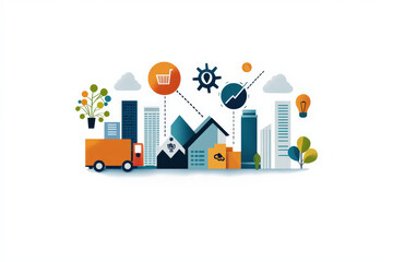 Supply chain diagram illustrating ethical sourcing with urban elements, truck, and icons representing commerce and logistics