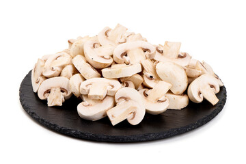White champignons mushrooms, isolated on white background.