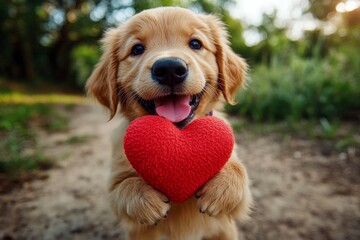 Cute golden retriever pooch with domestic animal toy red heart on a walk in a spring garden. Golden retriever - my desired dog, symbol of friendship. Promotion domestic animal conceptual art.