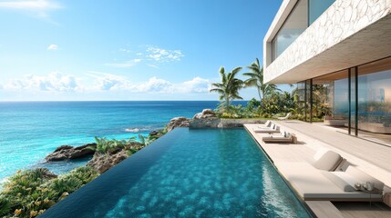 Fototapeta premium Modern Oceanfront Villa with Infinity Pool and Lush Landscaping