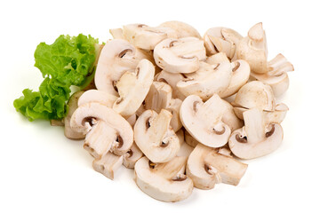 White champignons mushrooms, isolated on white background.