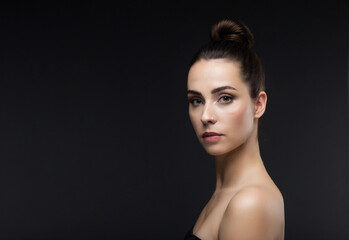 Fototapeta premium Extreme close-up portrait of a woman with a serious expression, her dark hair styled in a sleek bun, against a minimalist black background.