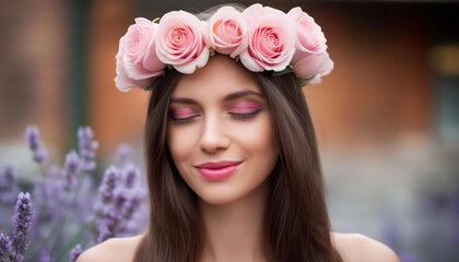 Naklejka premium Extreme close up portrait of a woman with a flower crown made of soft pink roses and lavender, her face glowing with a gentle smile.