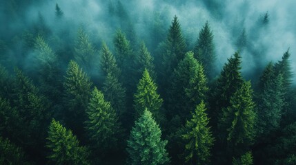 Fototapeta premium Misty Evergreen Forest With Lush Green Trees