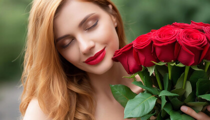 Naklejka premium Extreme close up portrait of a woman holding a bouquet of red roses, her eyes closed, a serene smile on her lips as if in a moment of pure joy.