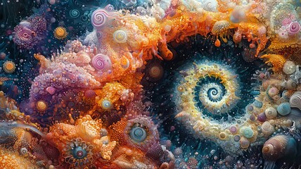 Vibrant abstract spiral design featuring colorful swirls and bubbles, evoking a sense of depth and creativity, perfect for artistic and commercial projects.