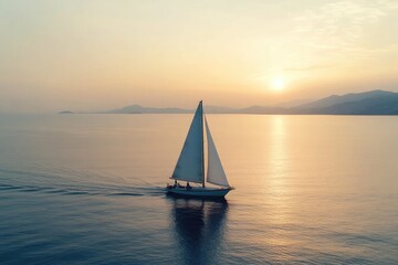 drone shot of sailboat silhouetted against golden hues of sunset with ocean shimmering below