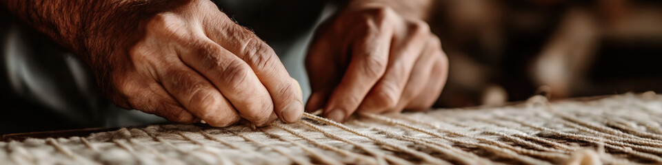Fototapeta premium Hands Weaving Light Beige Fibers