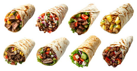 Set of burrito shawarma gyros wrap, with different ingredients fish kebab beef cheese lamb chicken tomato chili vegetable lettuce on transparent cutout PNG. Mockup template for artwork design