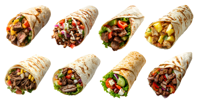 Set of burrito shawarma gyros wrap, with different ingredients fish kebab beef cheese lamb chicken tomato chili vegetable lettuce on transparent cutout PNG. Mockup template for artwork design