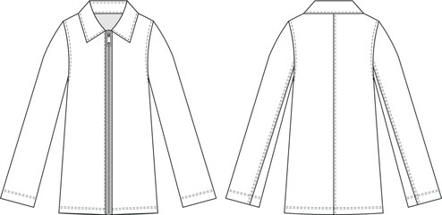 collared zippered long sleeve straight jacket coat trenchcoat template technical drawing flat sketch cad mockup fashion woman design style model 
