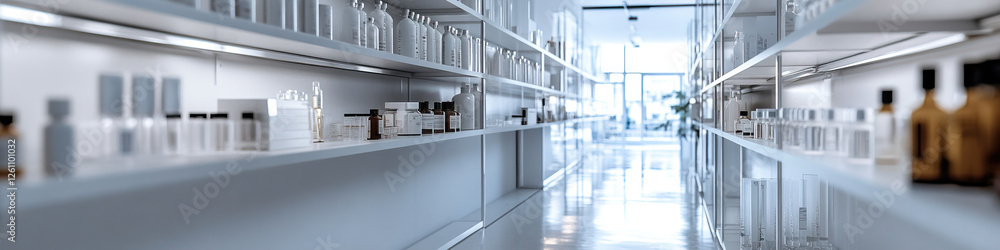 Poster white shelving units with assorted bottles and containers