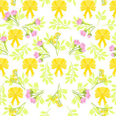 Fototapeta premium Seamless pattern of yellow bows and small flowers with leaves on a white background