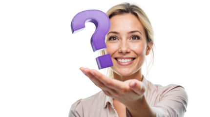 Smiling Woman Holding a Large Purple Question Mark in Her Hand Isolated on a Transparent Background PNG.