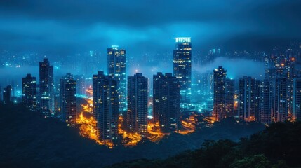Obraz premium Night Skyline With Illuminated Skyscrapers in Mist