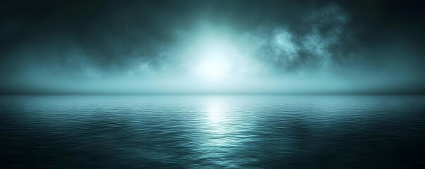 Moonlit ocean, misty night, calm sea