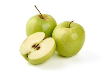 Fresh Green Apples with One Cut in Half Isolated on White Background.