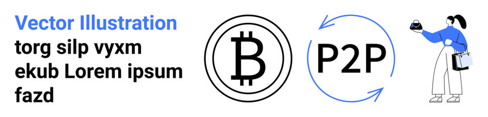 Bitcoin symbol, circular P2P exchange arrows, person exchanging cryptocurrency via smartphone and document. Ideal for finance, blockchain, cryptocurrency, trading, technology, payments flat landing