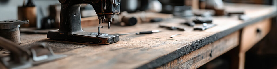 Vintage Sewing Machine on Wooden Workbench with Tools