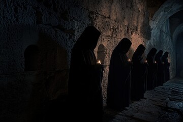 Monks holding candles during holy week procession in ancient building.