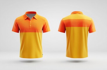 3D render of yellow and orange shirts, front view, back view, side view, solid background
