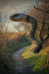 Serpentine tree sculpture guards rustic path