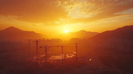 Fototapeta premium Sunset Over Construction Site and Cityscape